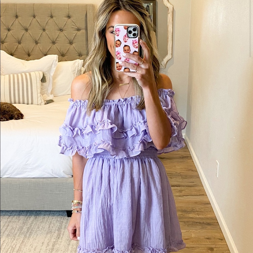 Brand new, Purple off the shoulder ruffle dress, M